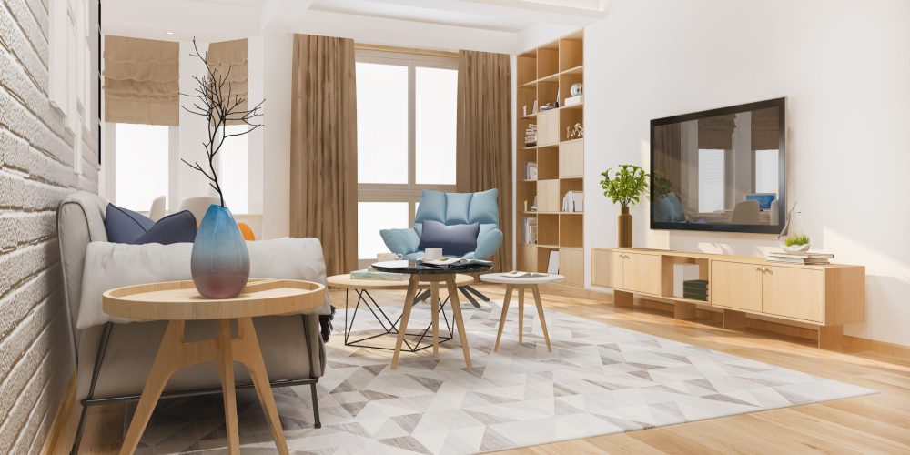 3d rendering loft scandinavian living room with working table and bookshelf