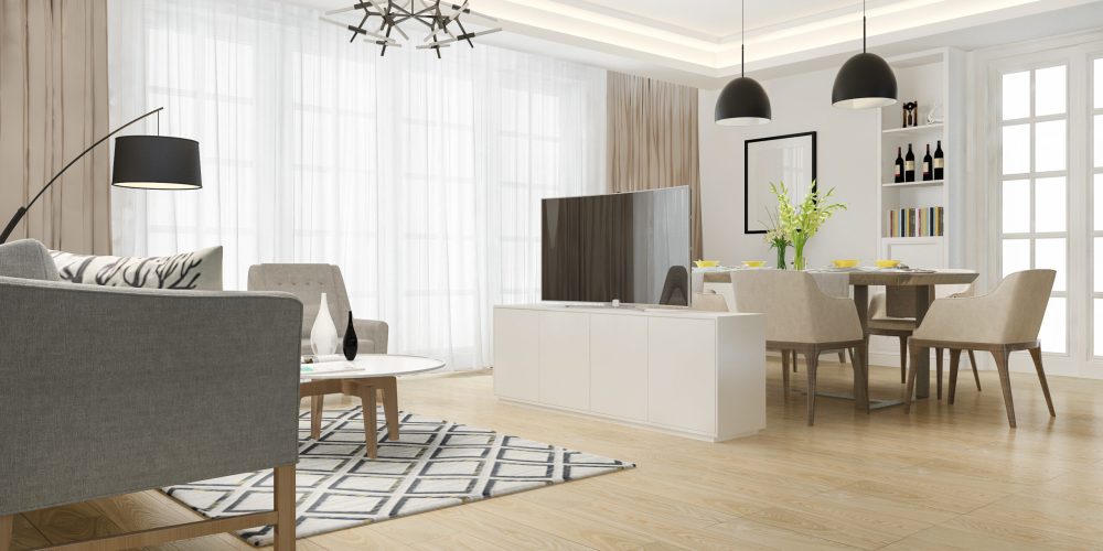 3d rendering modern dining room and living room with luxury decor
